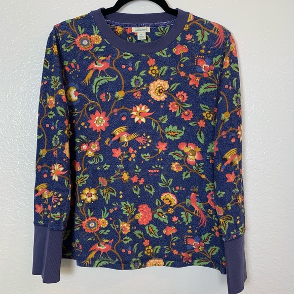Sundance Tops - Sundance Blue Thermal Long Sleeve Top Women PETITE Large Floral Bird Print Boho